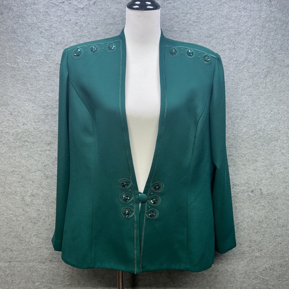 VTG 90s Karen Miller Blazer Women 18 Green Beaded Soutache Crepe Evening Coat
